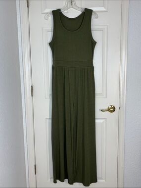 Yozy Sleeveless Wide-Leg Jumpsuit Olive Green Stretch Ribbed Large